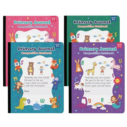 Primary Journal Grades K-2, primary composition notebook k-2, 4 Assorted Colors & Designs Primary Writing Journal, 100 Sheets/200 Pages 9.75" x 7 .5" Primary Composition Notebook with Picture Space