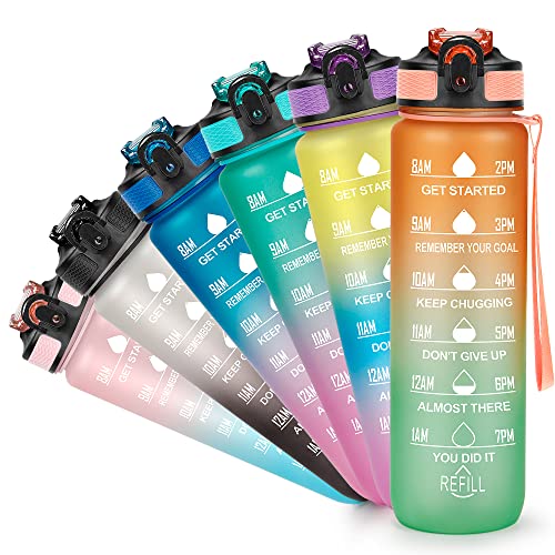 YC Kitchen Motivational Water Bottle with Time Marker - 32oz, Leak-proof BPA Free Sports Water Bottles with Straw & Carrying Strap - color: Orange/Green Gradient, size: 32 Ounces