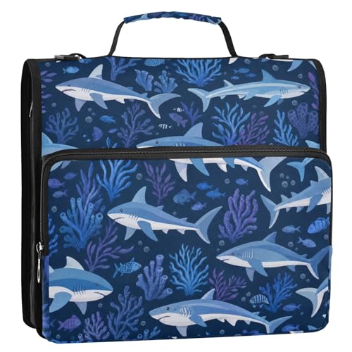 Zipper 3 Ring Binder Bag Sharks Fish Expanding File Portfolio Storage Organizer 2-Inch, 500 Sheets Multi-Pocket Shoulder Strap for School Office Kids Adults - color: Blue Navy Sharks Fish