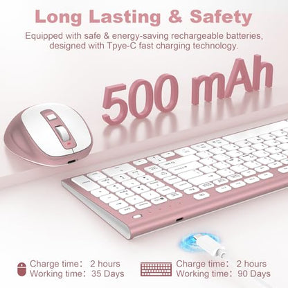 FENIFOX Wireless Keyboard and Mouse, Rechargeable USB C Combo Silent Quiet Compact Full Size Flat with Number Pad Soft Cover for Mac MacBook iMac Windows PC Laptop Computer Office - Pink & Rose Gold - color: Pink Rose Gold