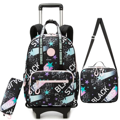 Rolling Backpack for Girls Backpack with Wheels for Kids Travel Roller Bookbag for Girls with Lunch Box Schoolbag for Kids Lightweight Travel Daypack - color: Black Star