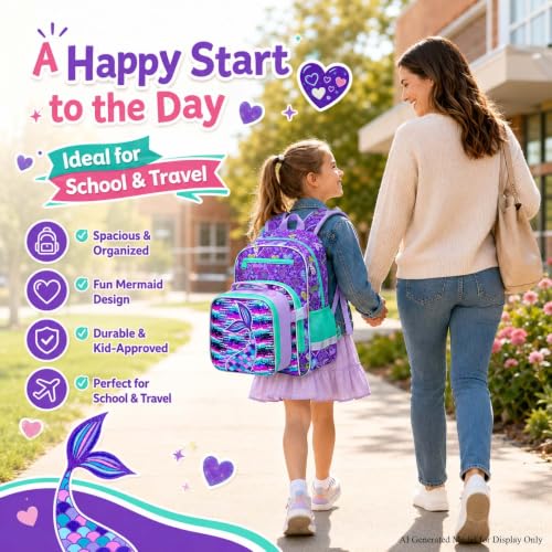 gxtvo 3PCS Girls Backpack, 16" Sequin Prechool Elementary Bookbag and Lunch Box - color: Reversible Sequins Fishtail Clip-on Backpack