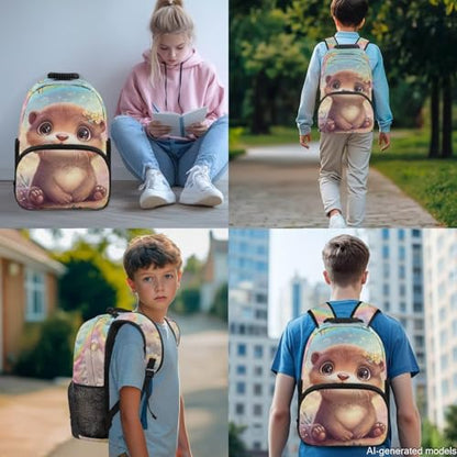 6-11 Kids 4 In 1 Bookbag Set - Cute Baby Otter 17 Inch Backpack with Lunch Bag Pencil Case Water Bottle Holder, Back to School Supplies for Elementary Students - color: Cute Baby Otter