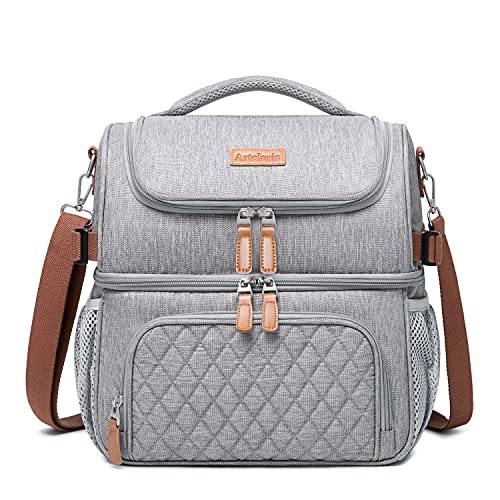 Artelaris Lunch Bag for Men Women, Large Double Deck Lunch Box Tote for Work, Dual Compartment Insulated Leakproof Lunchbox Cooler for Adult with Shoulder Strap & Side Pocket for Picnic Hiking Outdoor - color: Gray