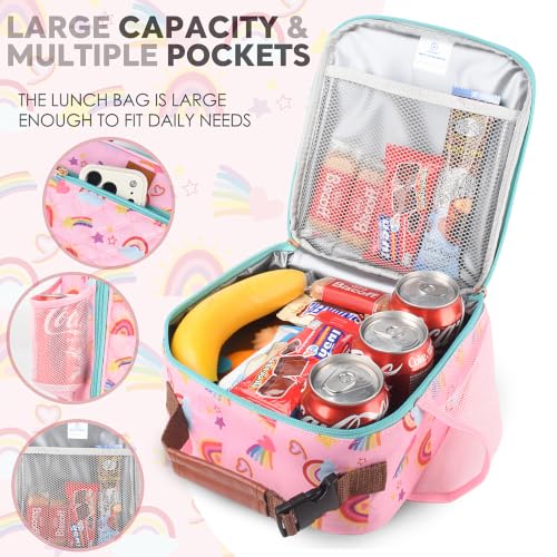 Genteen Kids Lunch Box Insulated Soft Mini Cooler with Bottle Holder, Lightweight Reusable Easy-Clean Lunch bag for Girls, Boys Back to School-Rainbow - color: Rainbow
