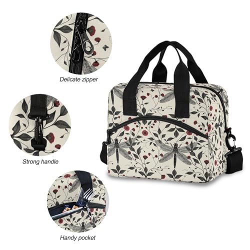 ALAZA Dragonfly Red Flowers Insulated Lunch Bag Women Men Portable Reusable Cooler Lunch Tote Bag for Work Office Picnic College - color: Multi 11