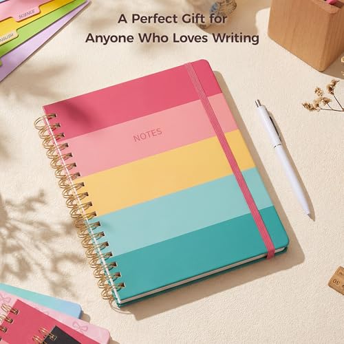 Hardcover Spiral Notebook Journal for Women & Men, Cute 5 Subject Notebook College Ruled for School & Work, Journaling Notebooks with Removable Dividers Tabs, 8" x 10", 300 Pages, Happy Stripes - color: Happy Stripes