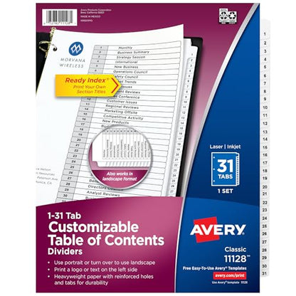 Avery 1-31 Dividers for 3 Ring Binders, 31 Tabs per Set, Customizable Table of Contents, Classic White Tabs, Great for Organizing Reports, Projects, and More (11128) - size: One Size, style: 1 Set