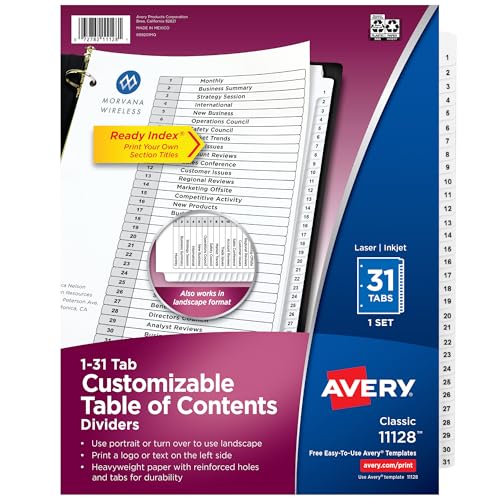 Avery 1-31 Dividers for 3 Ring Binders, 31 Tabs per Set, Customizable Table of Contents, Classic White Tabs, Great for Organizing Reports, Projects, and More (11128) - size: One Size, style: 1 Set