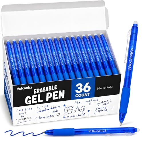 Volcanics Retractable Clicker Erasable Gel Pens - 0.7mm Ball Point, Heat Erase with Built-in Eraser, 36 Pack Blue - color: Blue