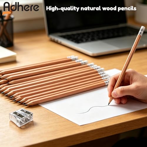 Adhere 25pcs Woodcase Pencils with Eraser Premium Pre-Sharpened Hexagon Graphite 2B pencils ideal for home, office writing including a Free Sharpener (Nature wood・25pcs) - color: Nature wood・25pcs