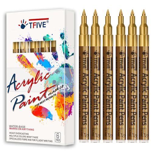 TFIVE Gold Marker Paint Pens - 6 Pack Acrylic Permanent Marker, 0.7mm Extra Fine Tip Waterproof Metallic Paint Markers for Art Project, Rock, Ceramic, Glass, Wood, Plastic, Metal, Canvas, DIY Craft - color: Gold
