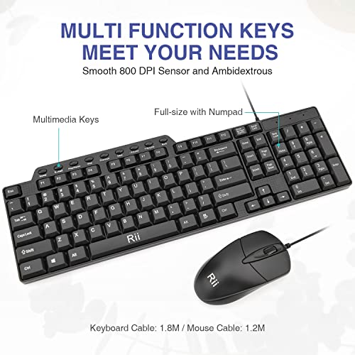 (10PACK) Wired Keyboard and Mouse,Rii RK203 Ultra Full Size Slim USB Basic Wired Keyboard Mouse Combo Set with Number Pad for Computer,Laptop,PC,Notebook,Windows - size: 10 pack