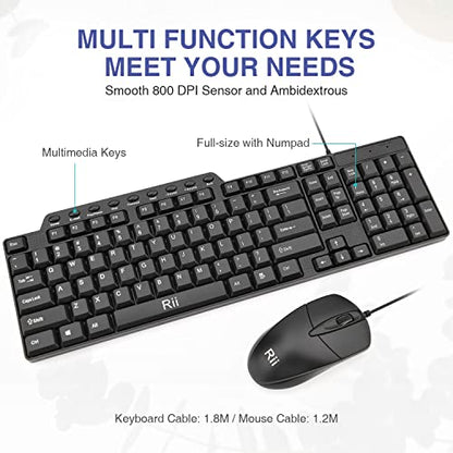 (10PACK) Wired Keyboard and Mouse,Rii RK203 Ultra Full Size Slim USB Basic Wired Keyboard Mouse Combo Set with Number Pad for Computer,Laptop,PC,Notebook,Windows - size: 10 pack
