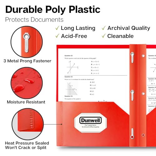 Dunwell Plastic 2-Pocket Folders with 3 Prongs, (2 Pack, Red), Durable Acid-Free Poly is Cleanable, Tear Resistant, 3-Clasp Document Holder, Labels Included - color: Red, size: 2 Pack