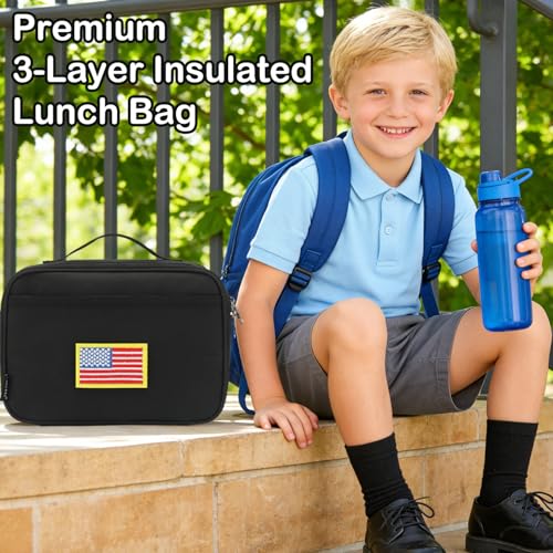 FlowFly Kids Lunch box Insulated Soft Bag Mini Cooler Back to School Thermal Meal Tote Kit for Girls, Boys, Black Free USA Flag Patch Included - color: Black With Flag