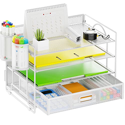 Marbrasse Desk Organizer and Accessories Polystyrene, 4-Tier Paper File Letter Tray Accessories & Workspace Desk Organizers with Drawer and 2 Pen Holders for School Home Office Supplies (White) - color: White with Pen Holder