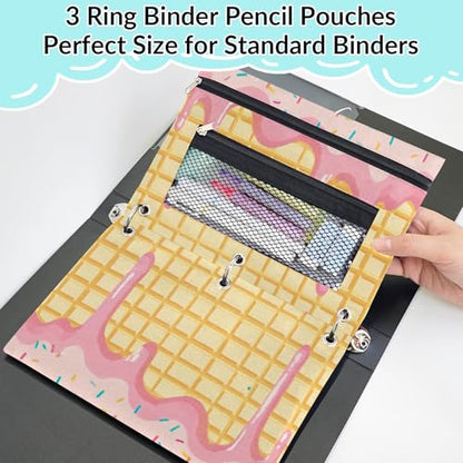 Pink Ice Cream Pencil Pouch for 3 Ring Binder Waffle Cookies Pencil Case Bag with Clear Window Zipper Pockets for Kids Girls Boys Students School College Supplies 2 Pack - color: Pink