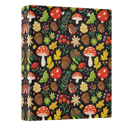 3 Ring Binder with Clipboard, D Rings Holds 200 Sheets, Heavy Duty Binders Folder for School Office, Waterproof PVC Cover with 3 Interior Clear Pockets, Mushrooms