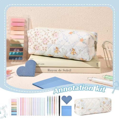 22Pcs Book Annotation Kit Aesthetic Pencil Case with Supplies School Annotation Supplies Gel Pen Transparent Sticky Note Taking Bible Study College Stationery Supplie (Patchwork Flowers) - color: Patchwork Flowers