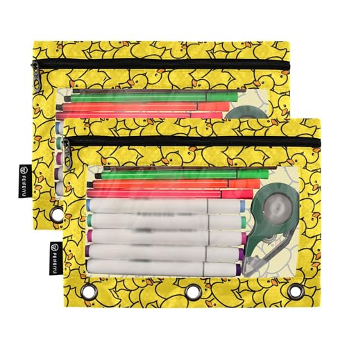 Wamika Yellow Duck Binder Pouches 3 Ring for Boys Girls School Office College Supplies Cute Ducks Animals Pencil Pouches Case Bag with Clear Window and Zipper 2 pack - color: Frog