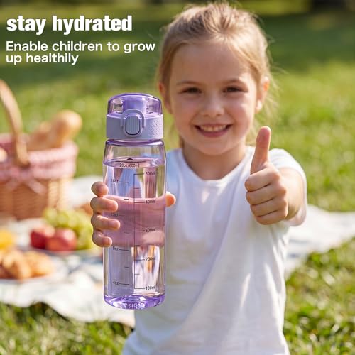 GOPPUS 20oz Kids Water Bottle with Time Marker & Handle, Tritan BPA-Free, Reusable Leakproof Anti-Dust Everyday,Clear Kids Water Bottles For School,Car Travel, Gifts Boys Girls(Light Purple) - color: C-lilac