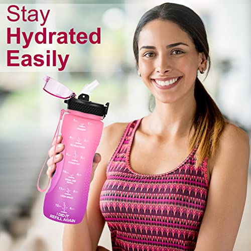 24 OZ Motivational Kids Water Bottle With Time Marker,Straw Lid,Leak Proof, Tritan BPA Free Sports Water Bottle Pink Purple(1 Lid) - color: Pink Purple