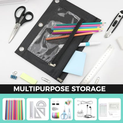 3 Ring Pencil Pouch for Binder, 2-Pocket Zipper Pencil Case with Clear Window & Mesh Pocket, 600D Oxford Fabric Binder Pouch for School Office Supplies, Fits Standard 3-Ring Binders, Black - color: Black