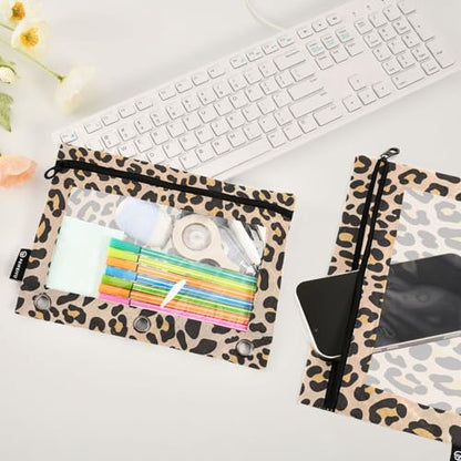 Brown Leopard Pencil Pouch for 3 Ring Binder 2 Pcs Binder Pouches with Zipper Pocket Pencil Case Bag with Clear Window for Office Work School Supplies - color: Brown Leopard