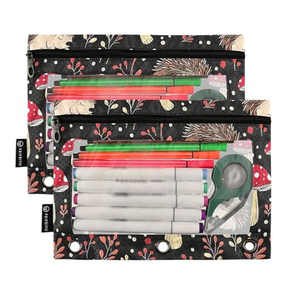 Fustylead Cute Hedgehogs and Mushrooms Pencil Pouch Fits Standard 3-Ring Binders, Zipper Binder Pencil Bag with Clear Window for Office School Cosmetic 2 Pack - color: Black02