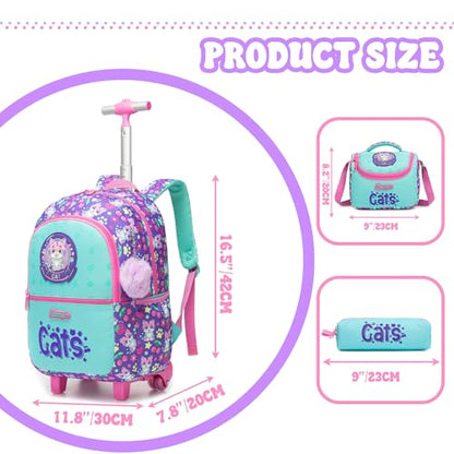 Girls Rolling Backpack with Lunch Box School Backpacks with Wheels 16.5" Roller Backpack for Girls, 3pcs Kids Wheeled Bookbag for Elementary School - color: Lansemao