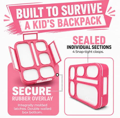 kinsho Lunch Box with Insulated Bag and Ice Pack for Girls Kids Teens, Bento Set, 6 Compartment Leak Proof Food or Snack Container, BPA Free, Microwave Safe, Ideal for School Travel, Pink - color: Pink