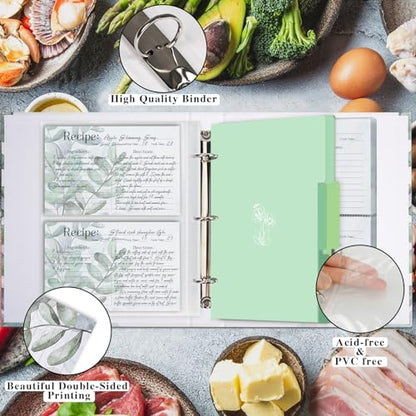 3 Ring Binder, 8.5x9.5, Full Page Binder Set with 25 Pages, 50 Recipe Cards & 6 Dividers - color: Leaves, size: Medium