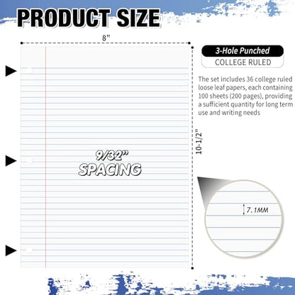 Fulmoon 36 Pcs 8" x 10-1/2" College Ruled Loose Leaf Paper 3 Hole Punched Notebook Paper 100 Sheets Per Pack, 56 Gsm, Filler Paper for Adults Students Binder College School - size: College Ruled