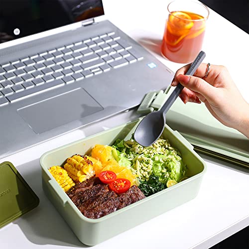 linoroso Stackable 2-Tier Adult Bento Box, 4 Compartments - Pale Mint | leakproof bento lunch box with fork & spoon + sauce cups, microwave/dishwasher safe, perfect for office, school & daily meals - color: Pale Mint