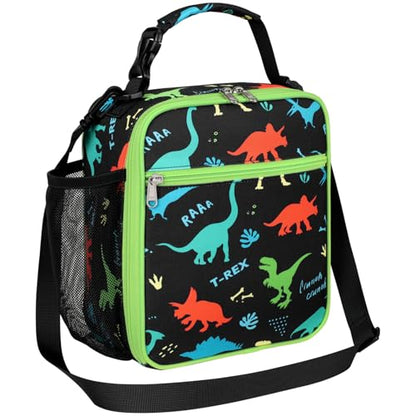 Bagseri Kids Lunch Bag with Shoulder Strap - Insulated School Lunch Box | Easy Carry Handle, Leak Proof, Water Bottle Holder, Roomy Toddler Lunch Box for Snacks, Drinks, Picnics, Trip, Black Dinosaur - color: B Black Dinosaur, size: Crossbody Strap Series