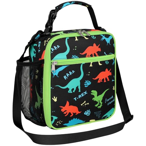 Bagseri Kids Lunch Bag with Shoulder Strap - Insulated School Lunch Box | Easy Carry Handle, Leak Proof, Water Bottle Holder, Roomy Toddler Lunch Box for Snacks, Drinks, Picnics, Trip, Black Dinosaur - color: B Black Dinosaur, size: Crossbody Strap Series