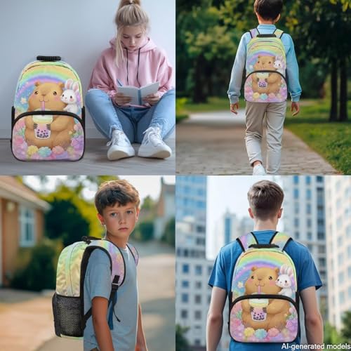 Girls Cute Capybara 4 in 1 Backpack Set - Bunny Print Kids Elementary School Bookbag with Insulated Lunch Box, Pencil Case & Water Bottle Holder - color: Cute Capybara