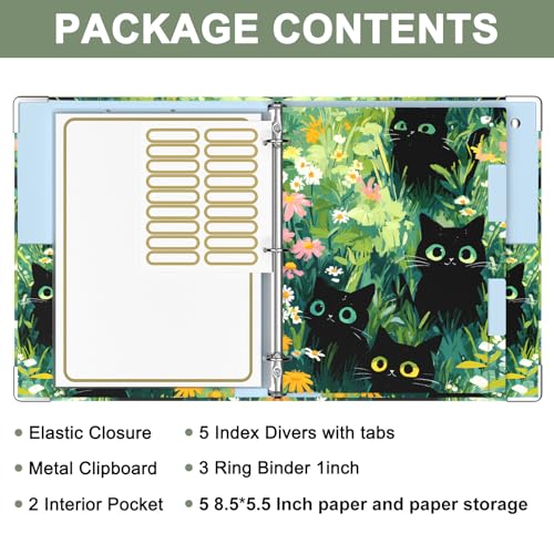 Rouidr Mini 3 Ring Binder with clipboard, 1 inch Round Binder Organizer, 8.5"x5.5" Cute Binder with 5 Dividers Tabs & Clear Sleeves, School Supplies, Office Supplies - color: Black Cats, size: Mini 1in(8.5 x 5.5 in)