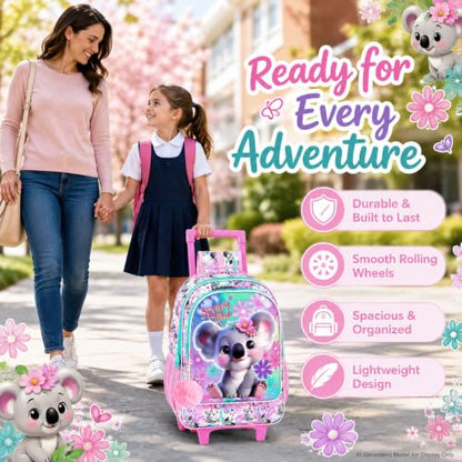 KLFVB Rolling Backpack for Girls, 3PCS Kids Roller Bookbag with Lunch Bag, Wheeled School Bag for Children - Koala - color: Upgraded Uv Printing Pink Koala Rolling Backpack