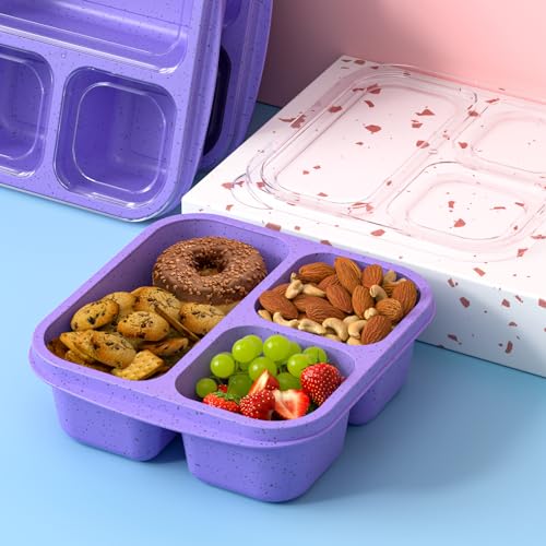 Snack Boxes (3 Pack) - Stackable Bento Boxes with 3 Compartments, Meal Prep Containers Reusable, Lightweight Lunch Containers for Kids and Adults, BPA Free (Purple) - color: Purple