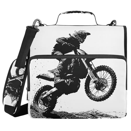 Motocross Rider Zipper Binder with Shoulder Strap, 500 Sheets Capacity, Multiple Pockets 1.5Inch 3 Ring Zipper Binder - color: Motocross Rider