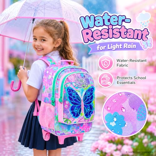 CCJPX 3Pcs Butterfly Rolling Backpack for Girls, 18" Kids Wheeled Bookbag with Lunch Box, Lightweight Roller School Bag for Elementary Preschool (Pink) - color: Pink Butterfly(with Sequins)