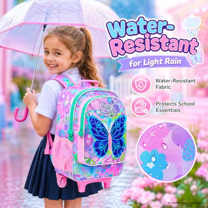 CCJPX 3Pcs Butterfly Rolling Backpack for Girls, 18" Kids Wheeled Bookbag with Lunch Box, Lightweight Roller School Bag for Elementary Preschool (Pink) - color: Pink Butterfly(with Sequins)