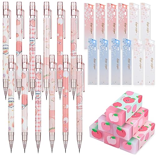 Breling 30 Pcs Kawaii Peach Mechanical Pencil Gift Set 12 Mechanical Japanese Pencils 6 Cute Peach Eraser 12 Tube HB Refill First Day of School Office Gift(0.5mm) - size: 0.5mm