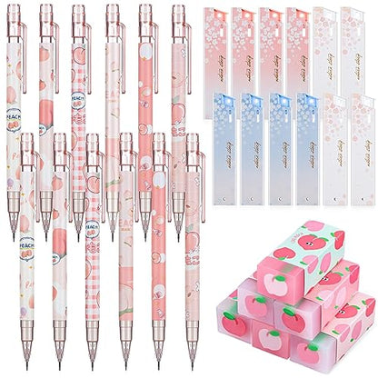 Breling 30 Pcs Kawaii Peach Mechanical Pencil Gift Set 12 Mechanical Japanese Pencils 6 Cute Peach Eraser 12 Tube HB Refill First Day of School Office Gift(0.7mm) - size: 0.7mm