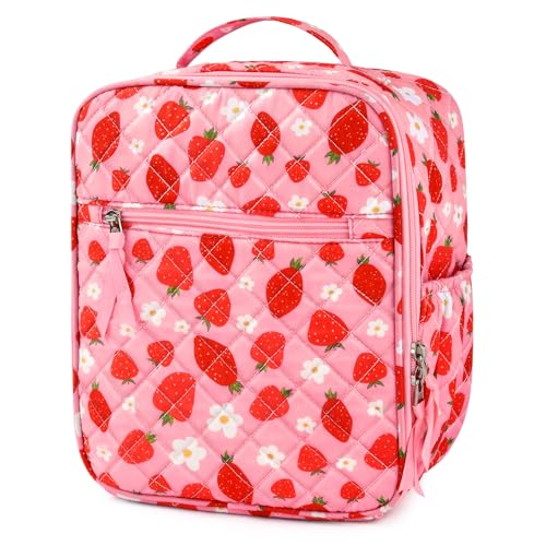 Aileam Lunch Box for Women Cute Strawberry Lunch Bag Quilted Reusable Insulated Lunch Box Aesthetic Lunch Tote Bags Floral Cotton Lunch Case for Travel Work Picnic (Pink Strawberry Flower) - color: Pink Strawberry Flower
