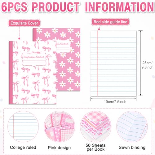 6 Pack Large Composition Notebooks Bulk 9.8 × 7.5 in Wide Ruled Hard Cover Composition Book Assorted Marble Journal College Ruled Paper for Adult Student College Office Back to School Supplies(Pink) - size: 6 Pack, style: Pink