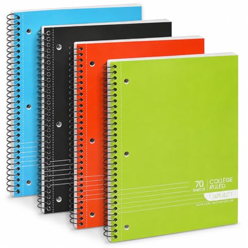 Spiral Notebooks, 1-Subject Notebook, College Ruled Spiral Notebooks - 70 Sheets - 3 Hole Punched, 1 Subject Notebooks for School Classroom, Home, Office - Perforated Pages, Assorted Colors - (4 Pack) - style: 4 Pack