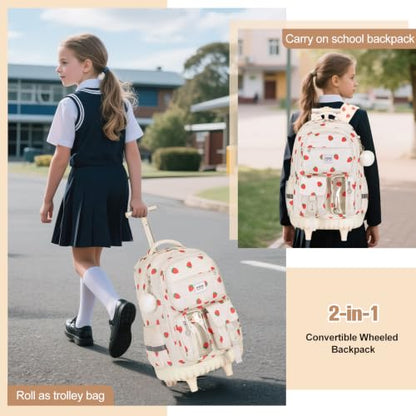 ACESAK Rolling Backpack for Girls, Roller Backpack with Lunch Bag & Pencil Pouch for Teen Girls Kids, Bookbag Backpack with Wheels for Women Elementary Middle High School Travel (Beige Strawberry) - color: Beige Strawberry